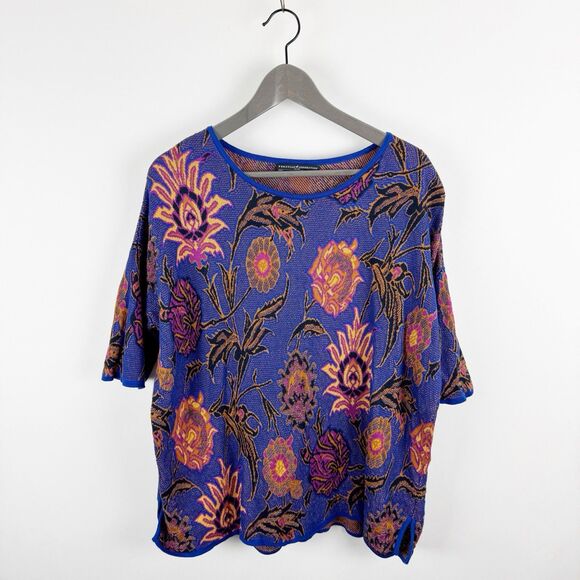 Peruvian Connection Pima Cotton Purple Pink Floral Short Sleeve Sweater Top - Picture 1 of 12